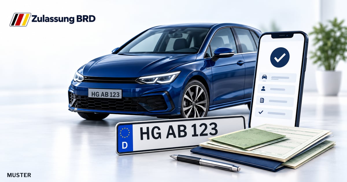 Online Fahrzeugzulassung in Friedrichsdorf: Musterkennzeichen HG AB 123, Auto und Fahrzeugpapiere und Smartphone. Illustration mit Logo von Zulassung BRD.